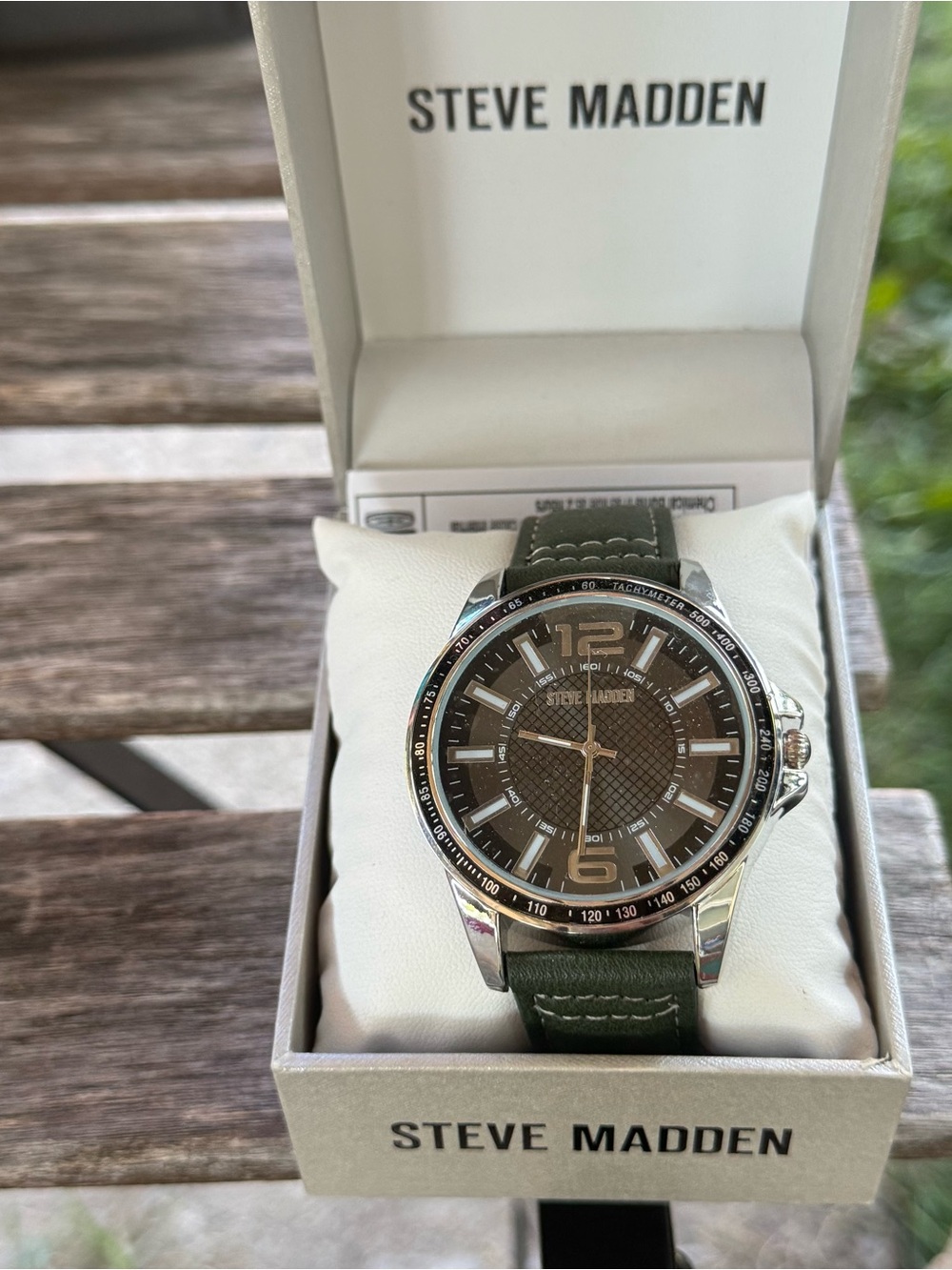 Steve Madden Green Leather Strap Men's Watch with Silver Case